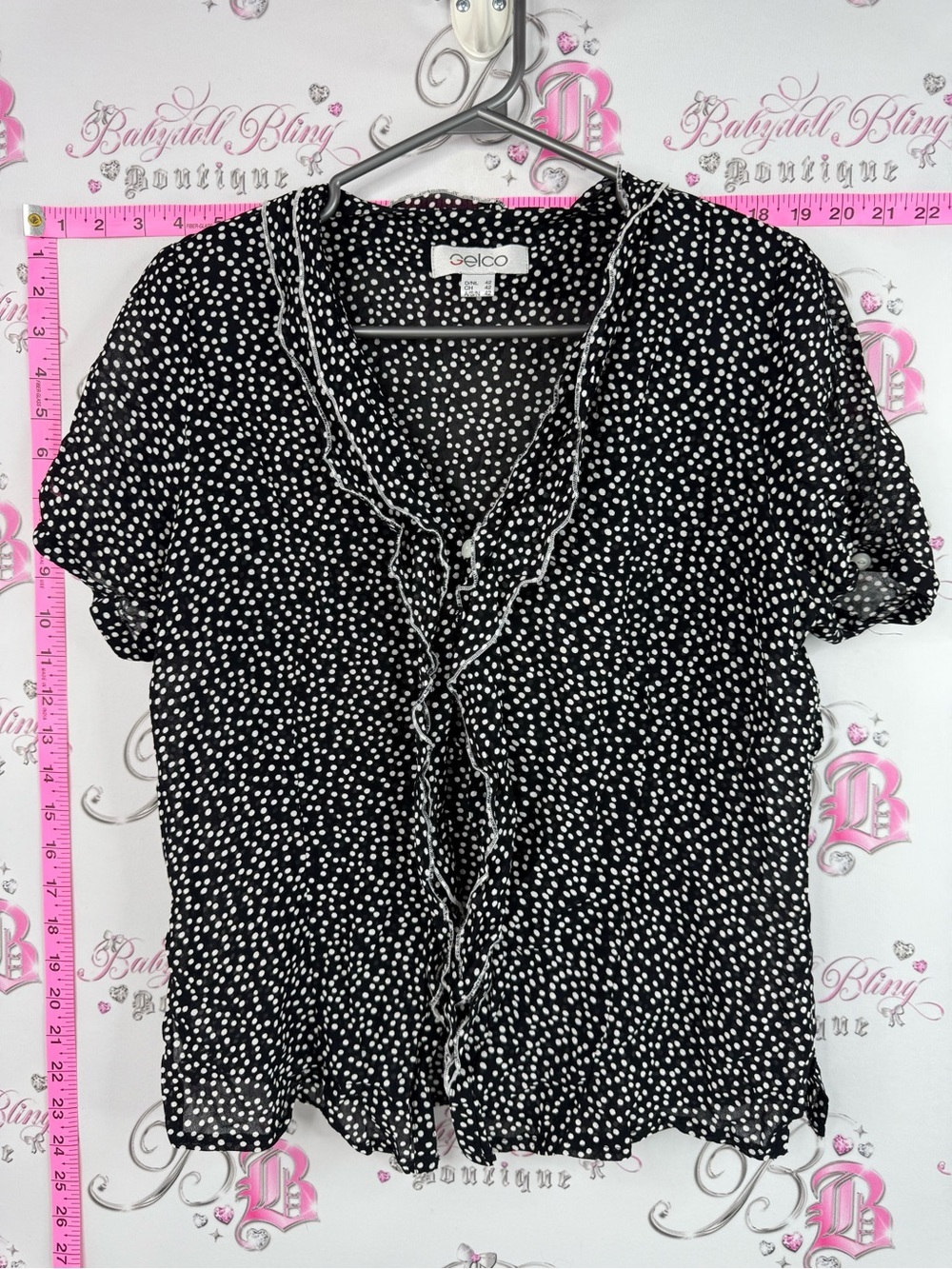 Gelco tshirt button up dots Black White Polka Dot Ruffle Front Short Sleeve Top